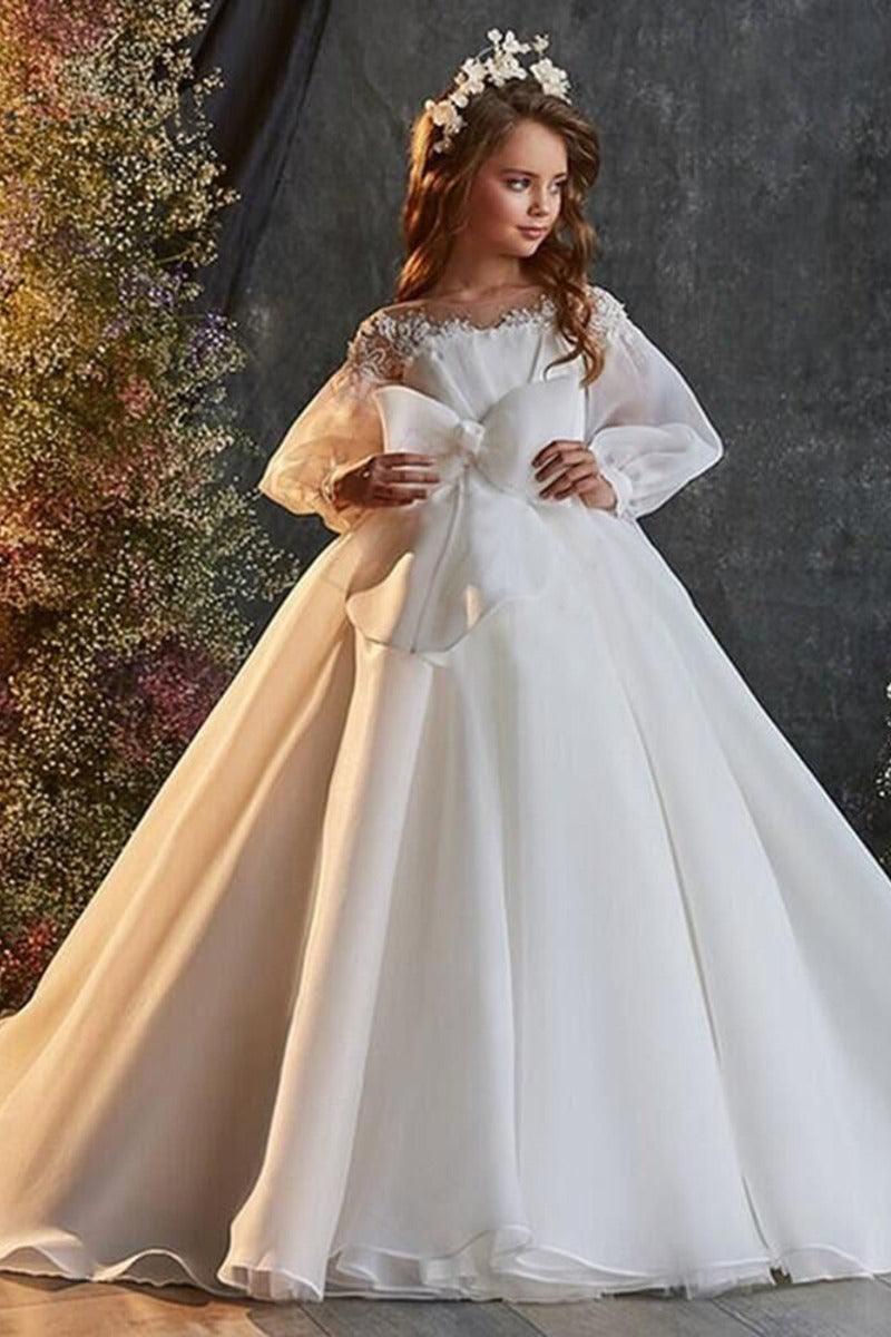 Illusion Organza Long Puff Sleeves Flower Girl Dresses 693938674311 - 15 Days / White / 2 - COCOMELODY